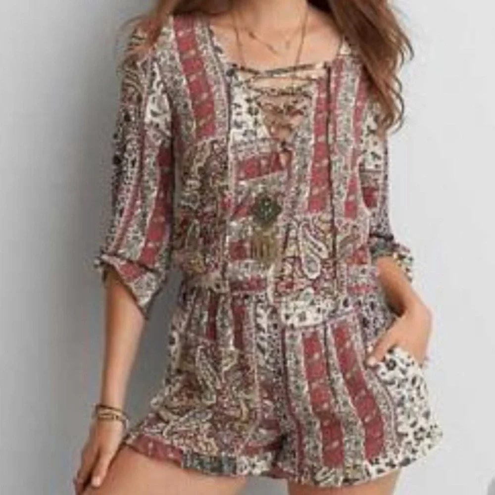 AEO‎ paisley long sleeve boho ruffled shorts romper